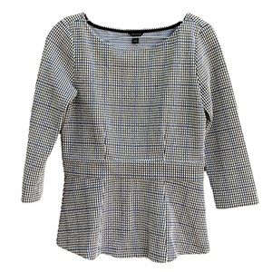 Ann Taylor Cream Black Blue Boat Neck Textured Zippered Knit Top
